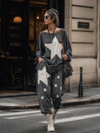 Women’s Oversized Star Patch Sweatshirt & Jogger Set – Casual Streetwear Two Piece Lounge Outfit