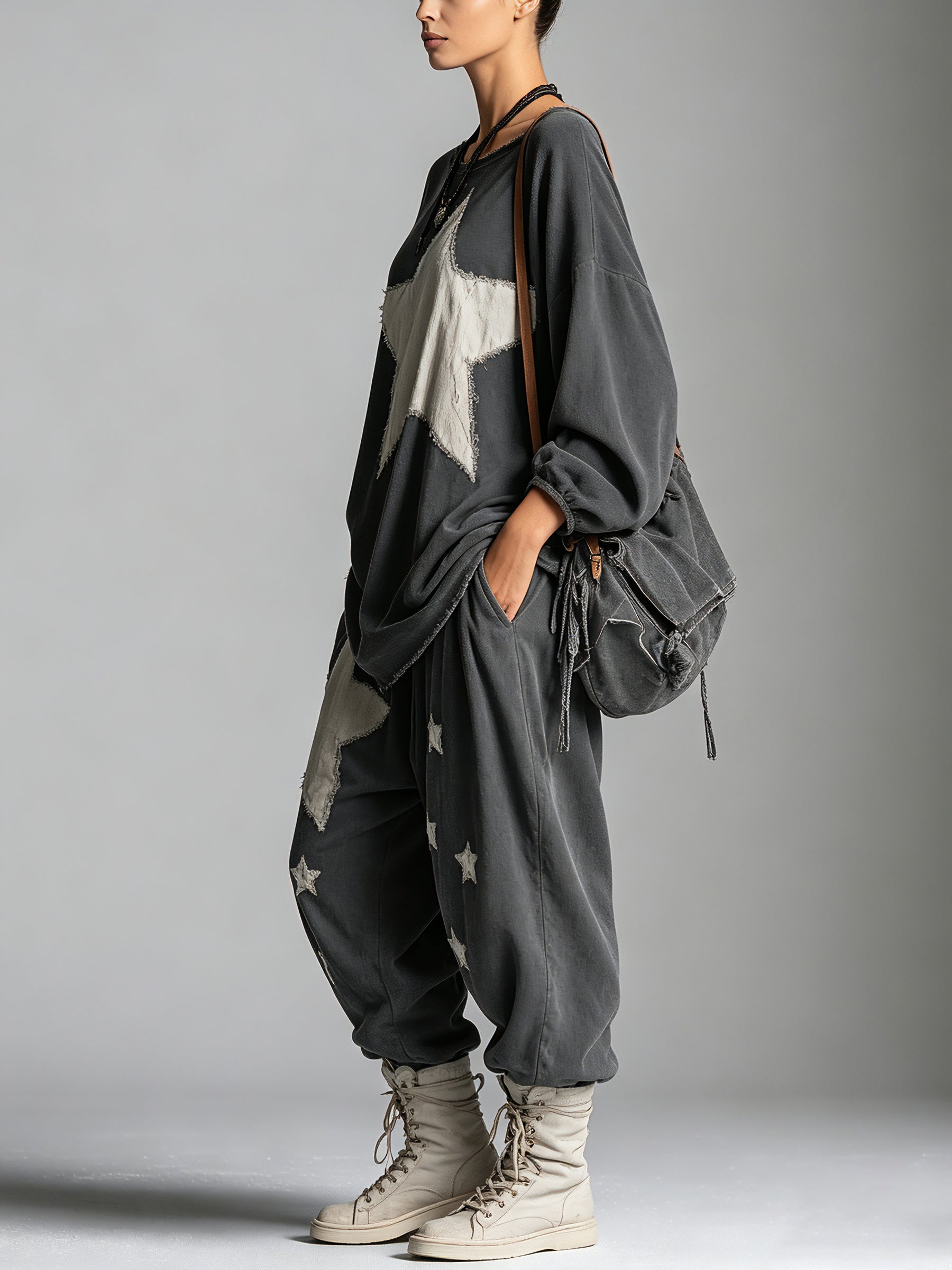 Women’s Oversized Star Patch Sweatshirt & Jogger Set – Casual Streetwear Two Piece Lounge Outfit
