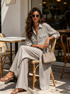 Minimalist Linen Layered Set – Women’s Long Shirt Jacket With Wide Leg Pants