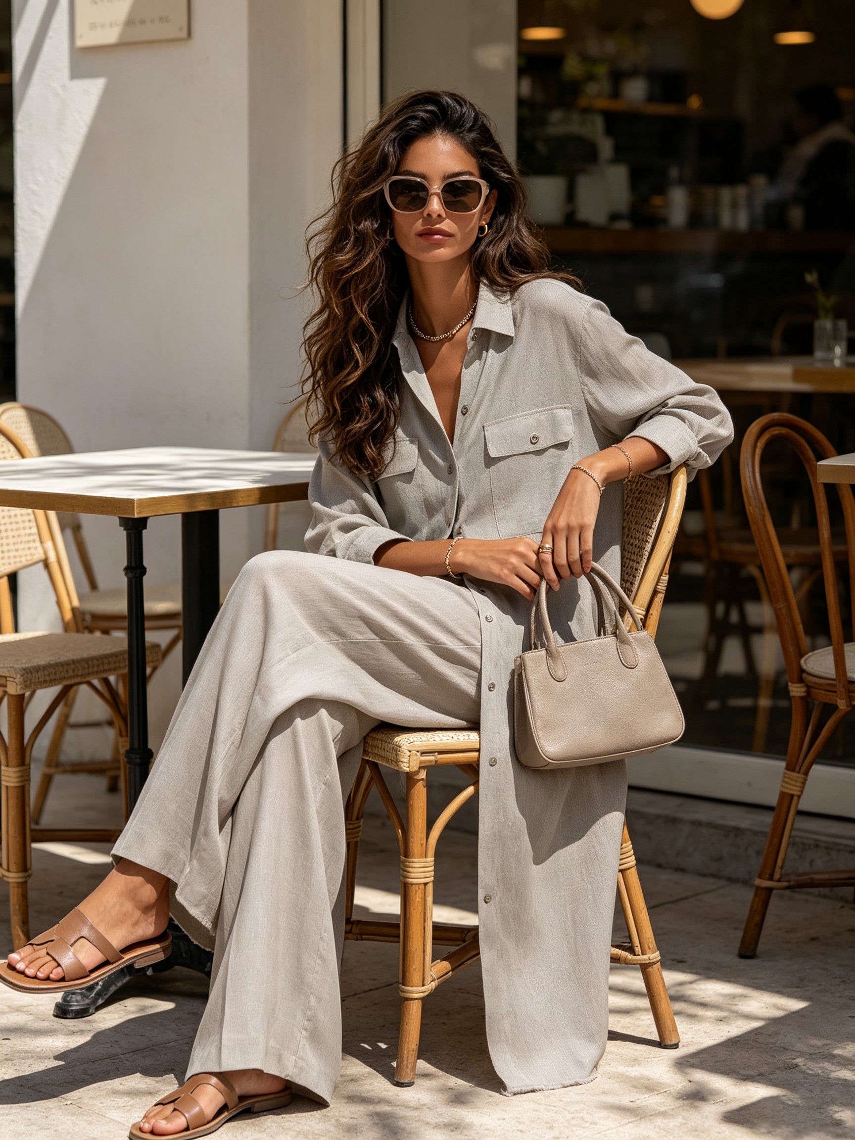 Minimalist Linen Layered Set – Women’s Long Shirt Jacket With Wide Leg Pants