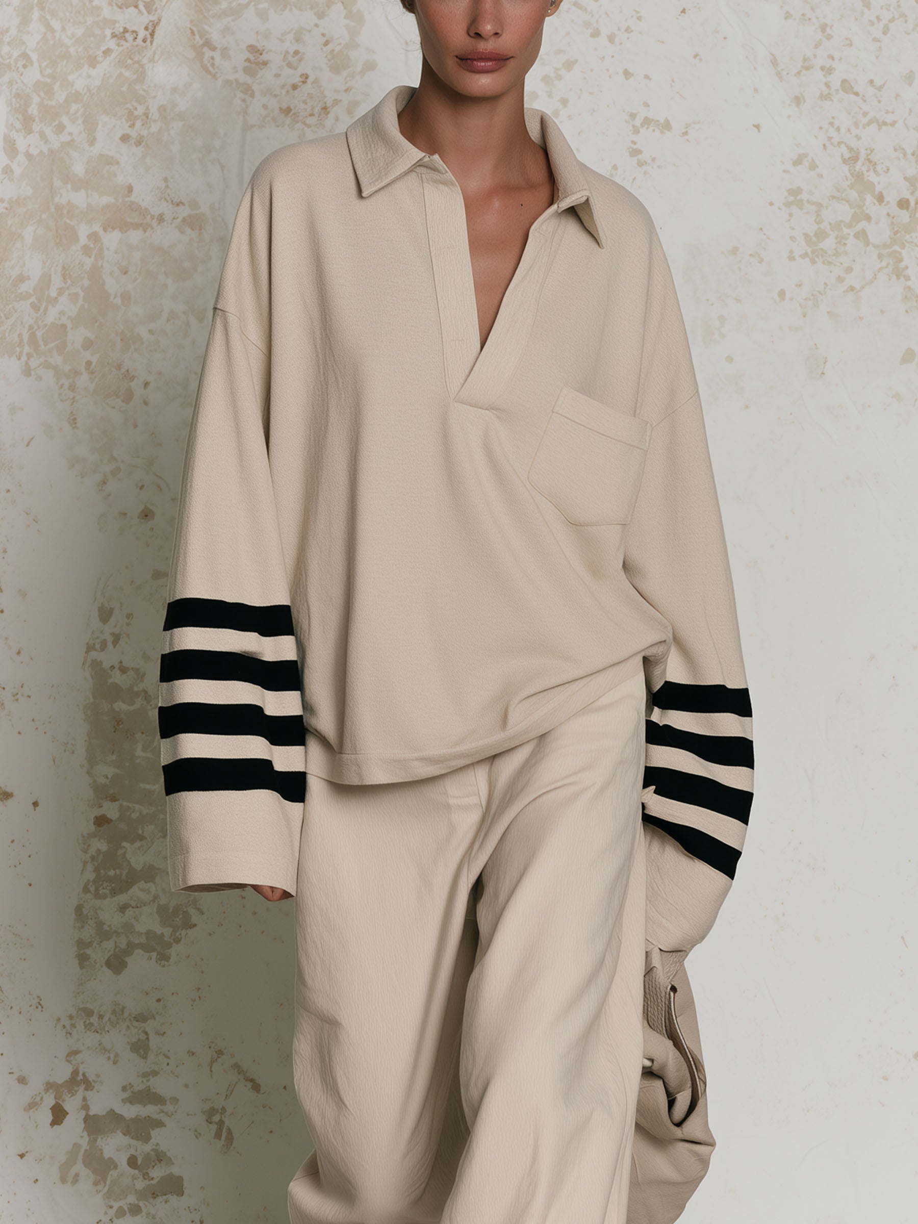 Oversized Striped Sleeve Polo Long Sleeve Top, Minimalist Beige Collared Blouse