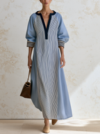 Blue Mixed Stripe Notch Collar Raglan Sleeve Maxi Dress
