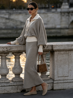 Grey Beige Color‑Block Lace‑Up Collar Knit Two‑Piece Skirt Set