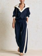 Women’s Navy Blue Contrast Collar Two Piece Set – Oversized Pullover Top & Wide Leg Pants Casual Woven Outfit