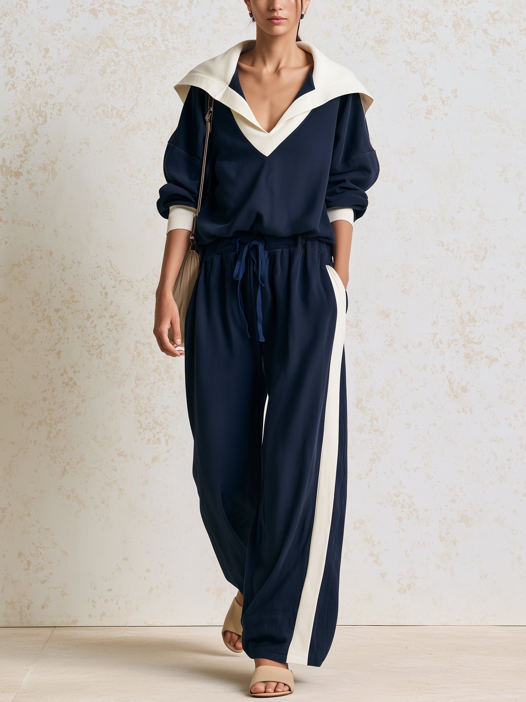 Women’s Navy Blue Contrast Collar Two Piece Set – Oversized Pullover Top & Wide Leg Pants Casual Woven Outfit