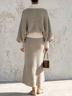 Grey Beige Color‑Block Lace‑Up Collar Knit Two‑Piece Skirt Set