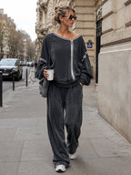 Women’s Oversized Zip-Up Sweatshirt Top – Minimalist Contrast Trim Casual Long Sleeve Jacket