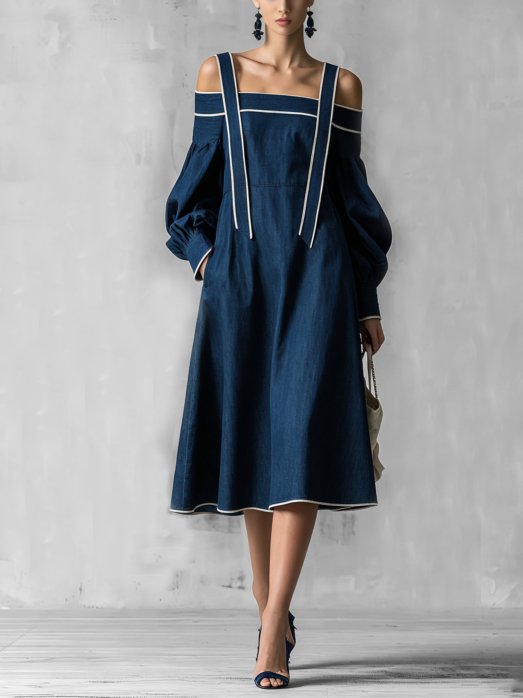 Women's Navy Blue Off Shoulder Midi Dress – Elegant A-Line Long Sleeve Dress With Contrast Trim