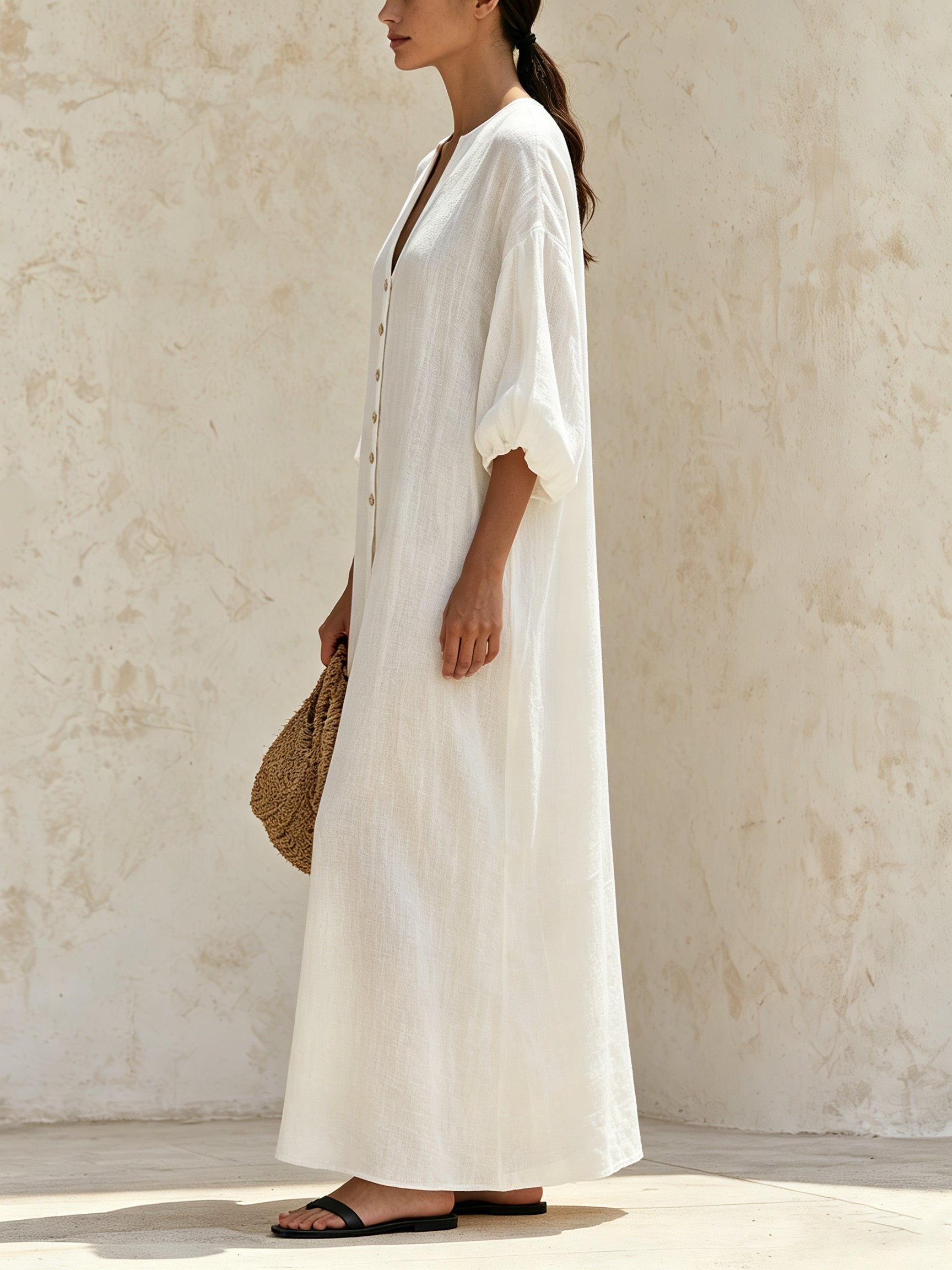 Minimalist White Maxi Shirt Dress – Oversized Button Down Long Dress