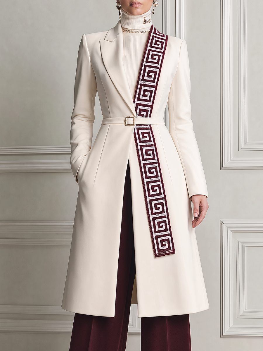 White Fall Fashion Belted Contrast Panel Longline Coat