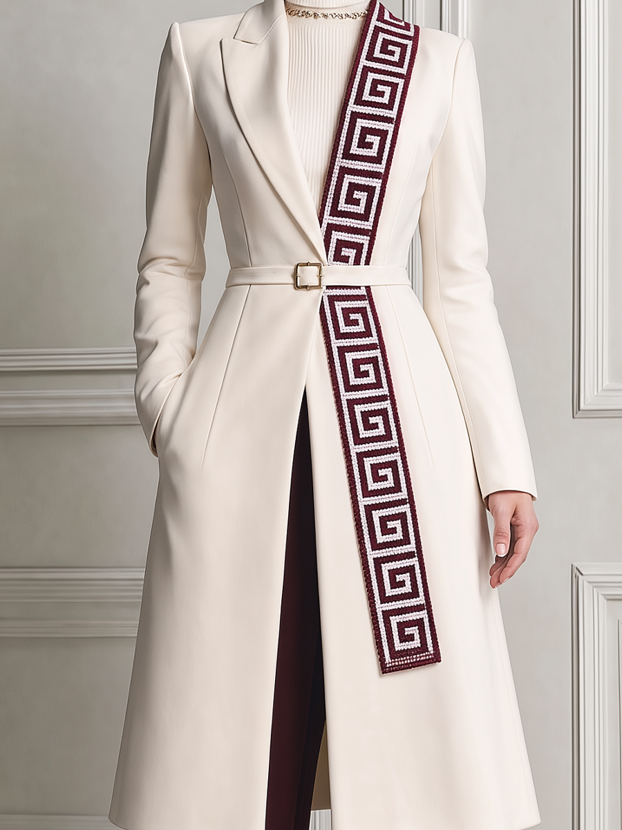 White Fall Fashion Belted Contrast Panel Longline Coat