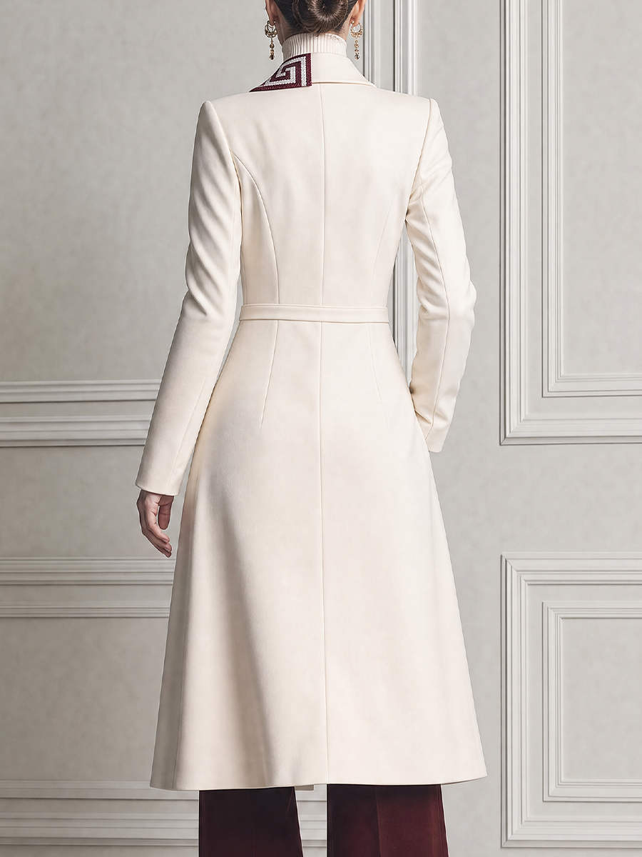 White Fall Fashion Belted Contrast Panel Longline Coat