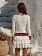 Nautical Preppy White Red Navy Striped V Neck Ruffle Knit Mini Dress