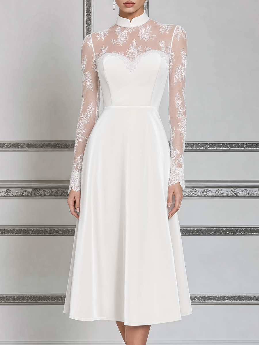 White Dress Lace Yoke Stand Collar A-Line Midi Dress