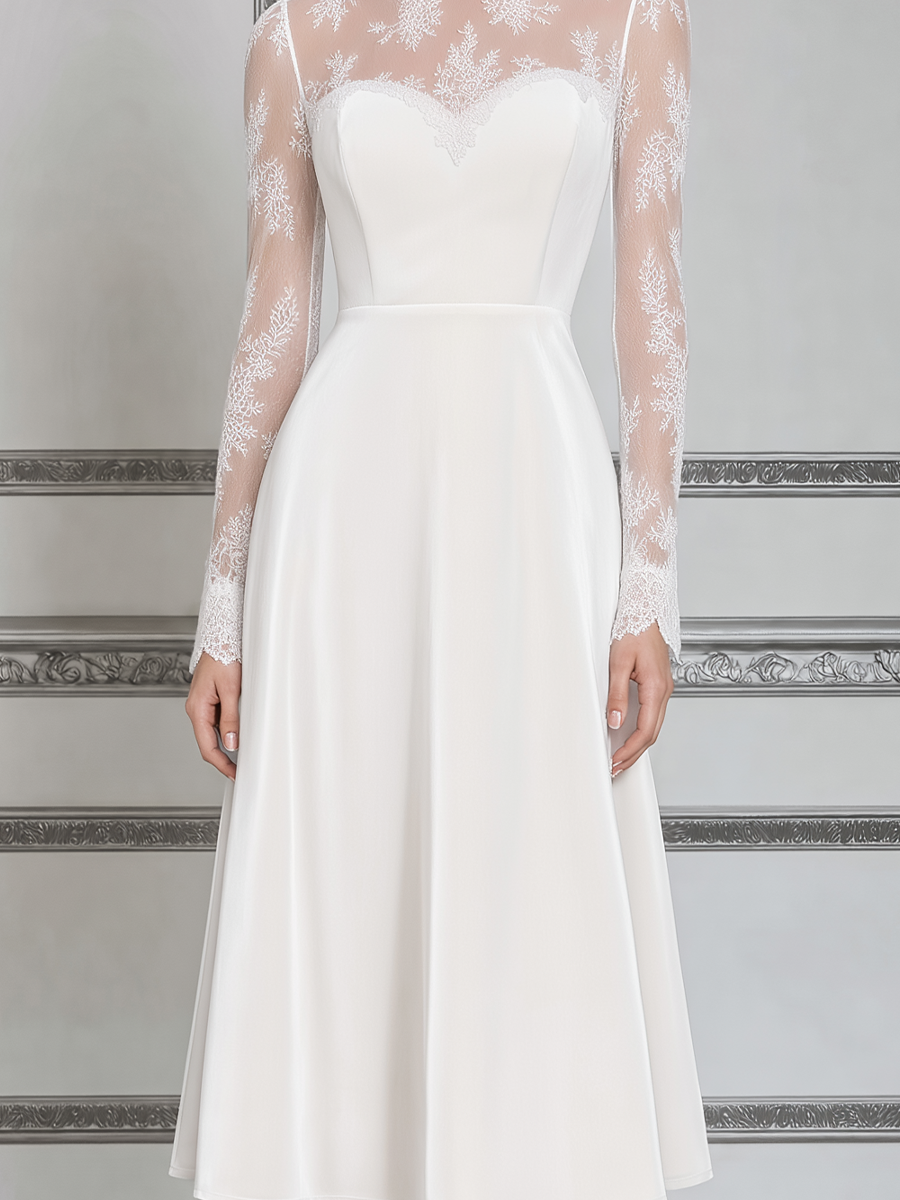 White Dress Lace Yoke Stand Collar A-Line Midi Dress