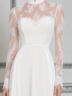 White Dress Lace Yoke Stand Collar A-Line Midi Dress