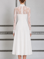 White Dress Lace Yoke Stand Collar A-Line Midi Dress