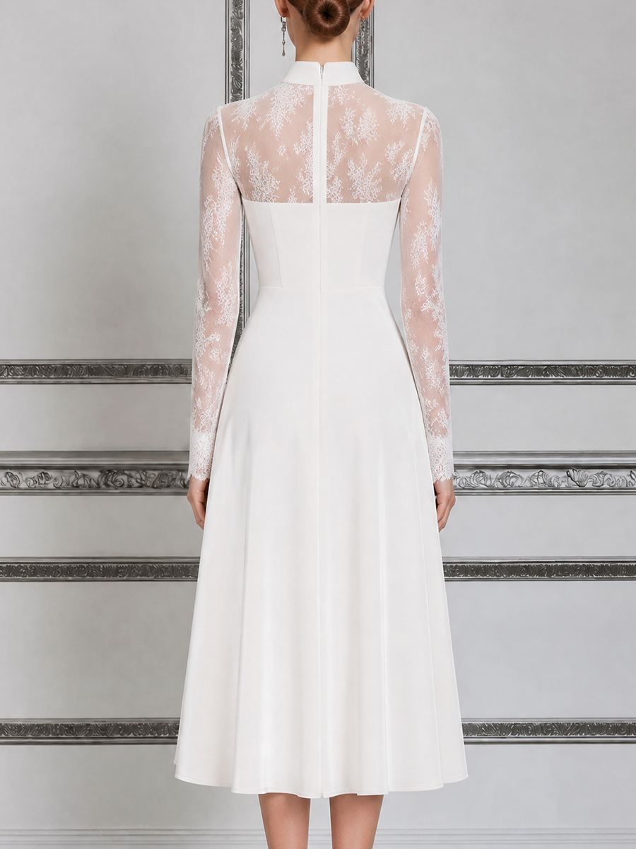 White Dress Lace Yoke Stand Collar A-Line Midi Dress