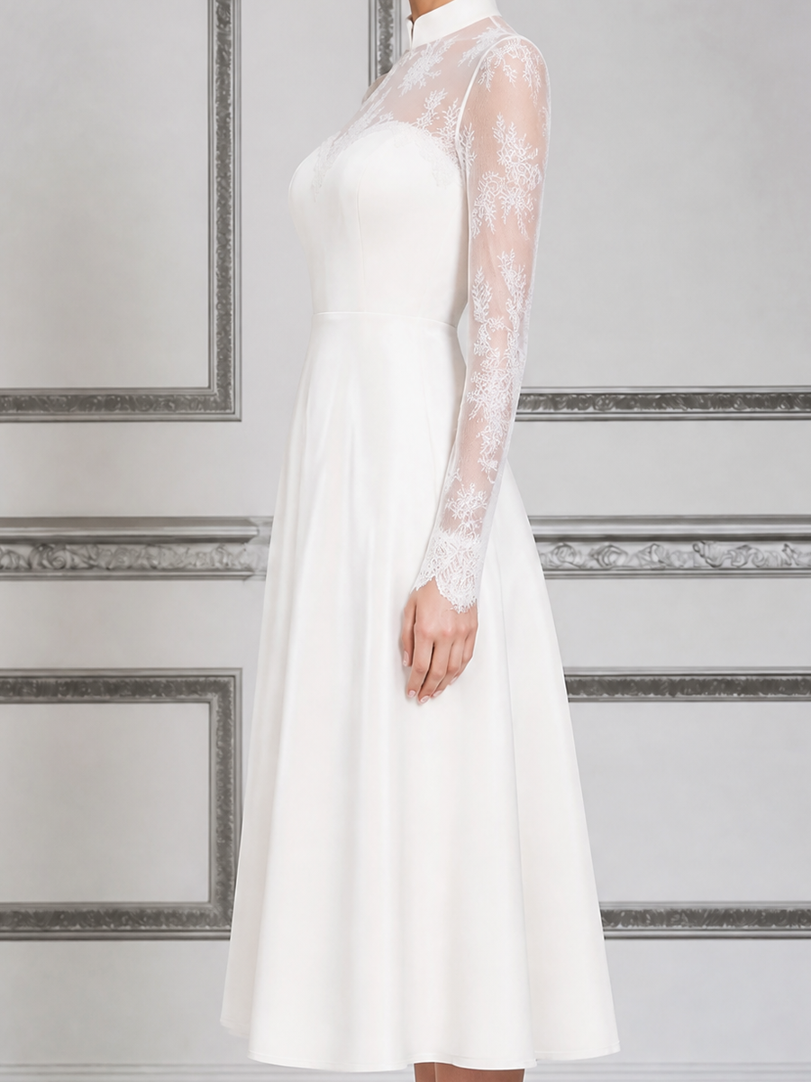 White Dress Lace Yoke Stand Collar A-Line Midi Dress