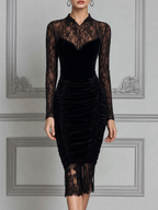 Black Lace Velvet Ruched Mermaid Midi Dress