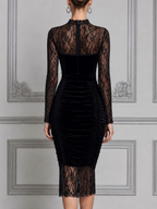 Black Lace Velvet Ruched Mermaid Midi Dress