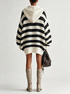 Women’s Oversized Striped Knit Hoodie Cardigan – Casual Zip Front Hooded Sweater Jacket
