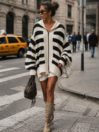 Women’s Oversized Striped Knit Hoodie Cardigan – Casual Zip Front Hooded Sweater Jacket