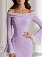 Elegant Off-Shoulder Lace Trim Bell Sleeve Mermaid Midi Dress