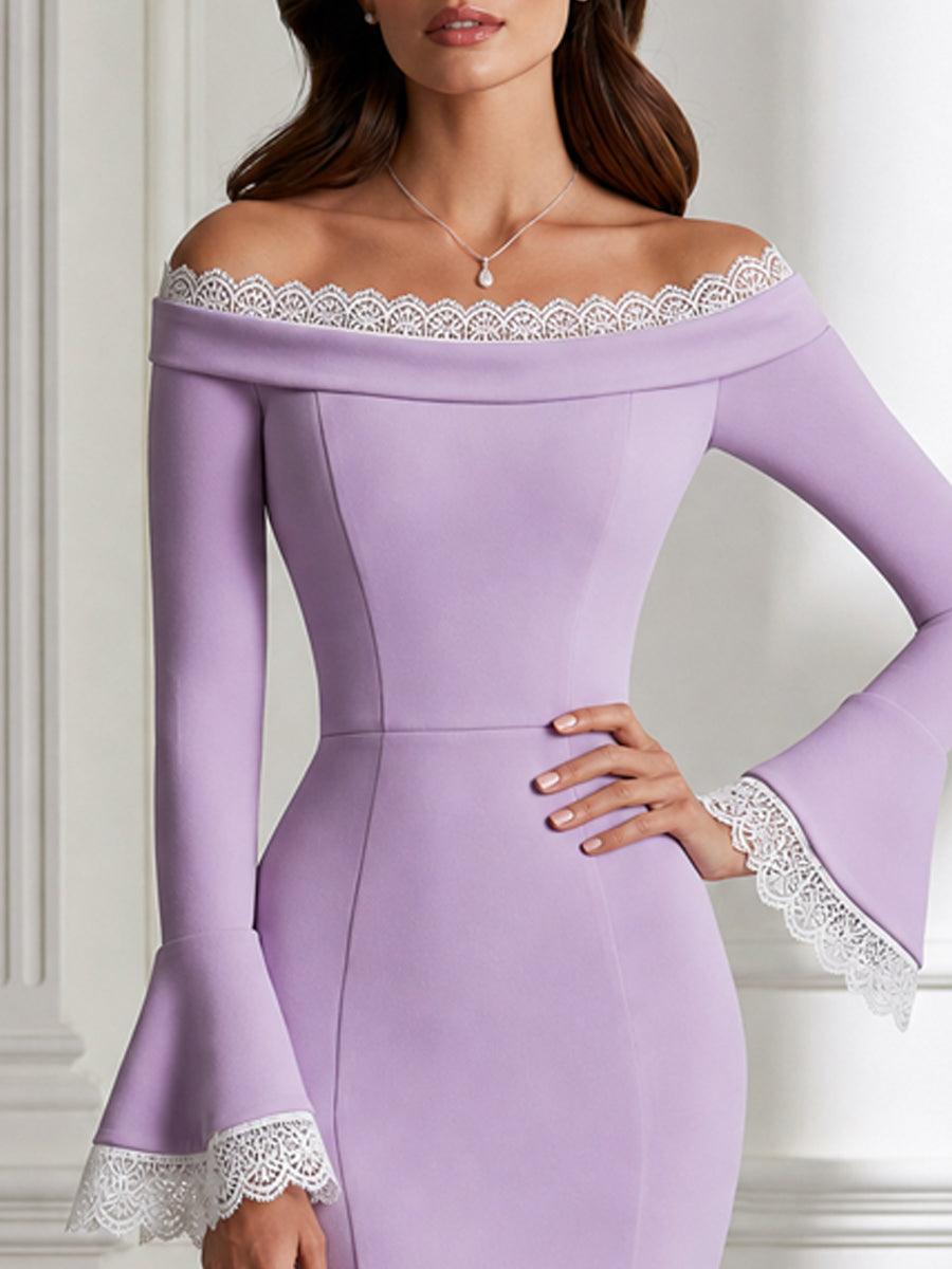 Elegant Off-Shoulder Lace Trim Bell Sleeve Mermaid Midi Dress