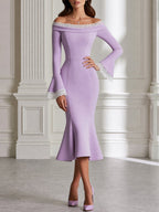 Elegant Off-Shoulder Lace Trim Bell Sleeve Mermaid Midi Dress