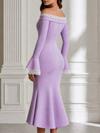 Elegant Off-Shoulder Lace Trim Bell Sleeve Mermaid Midi Dress