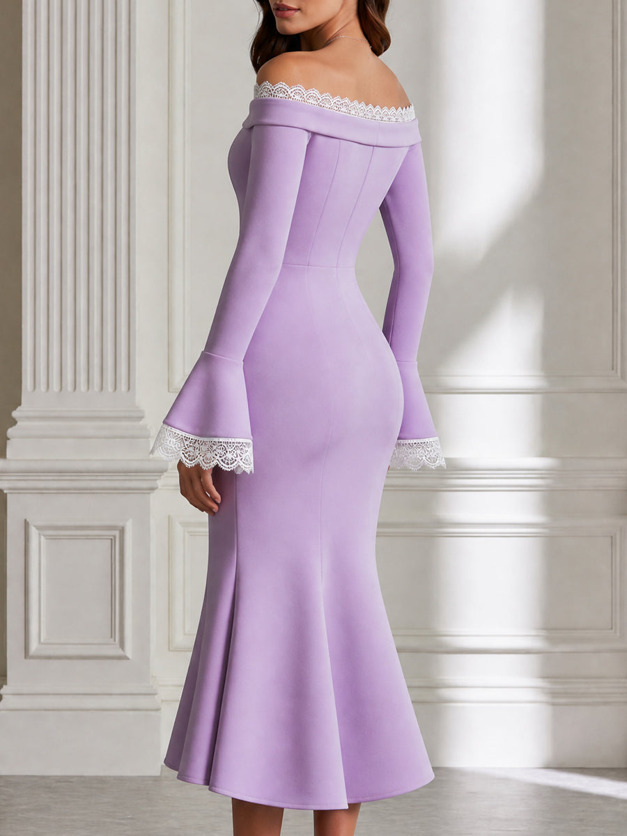 Elegant Off-Shoulder Lace Trim Bell Sleeve Mermaid Midi Dress