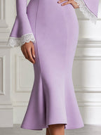 Elegant Off-Shoulder Lace Trim Bell Sleeve Mermaid Midi Dress