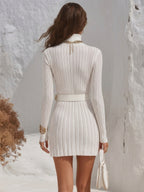 Old Money Minimalist White Ribbed Turtleneck Belted Knit Mini Dress