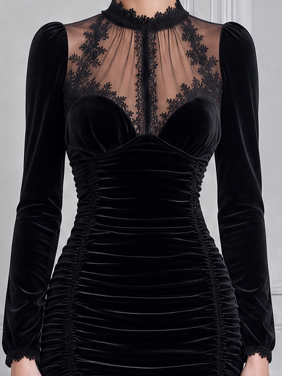 Black Lace Velvet Fall Wedding Guest Dress Ruched Mermaid Midi Dress
