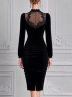 Black Lace Velvet Fall Wedding Guest Dress Ruched Mermaid Midi Dress