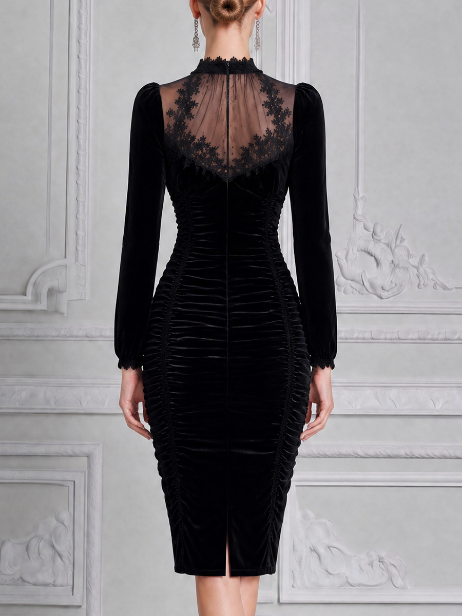 Black Lace Velvet Fall Wedding Guest Dress Ruched Mermaid Midi Dress