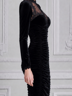 Black Lace Velvet Fall Wedding Guest Dress Ruched Mermaid Midi Dress