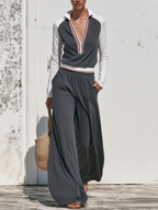 Color Block Half Zip Long Sleeve Top & Elastic Waist Wide Leg Pants Two Piece Set