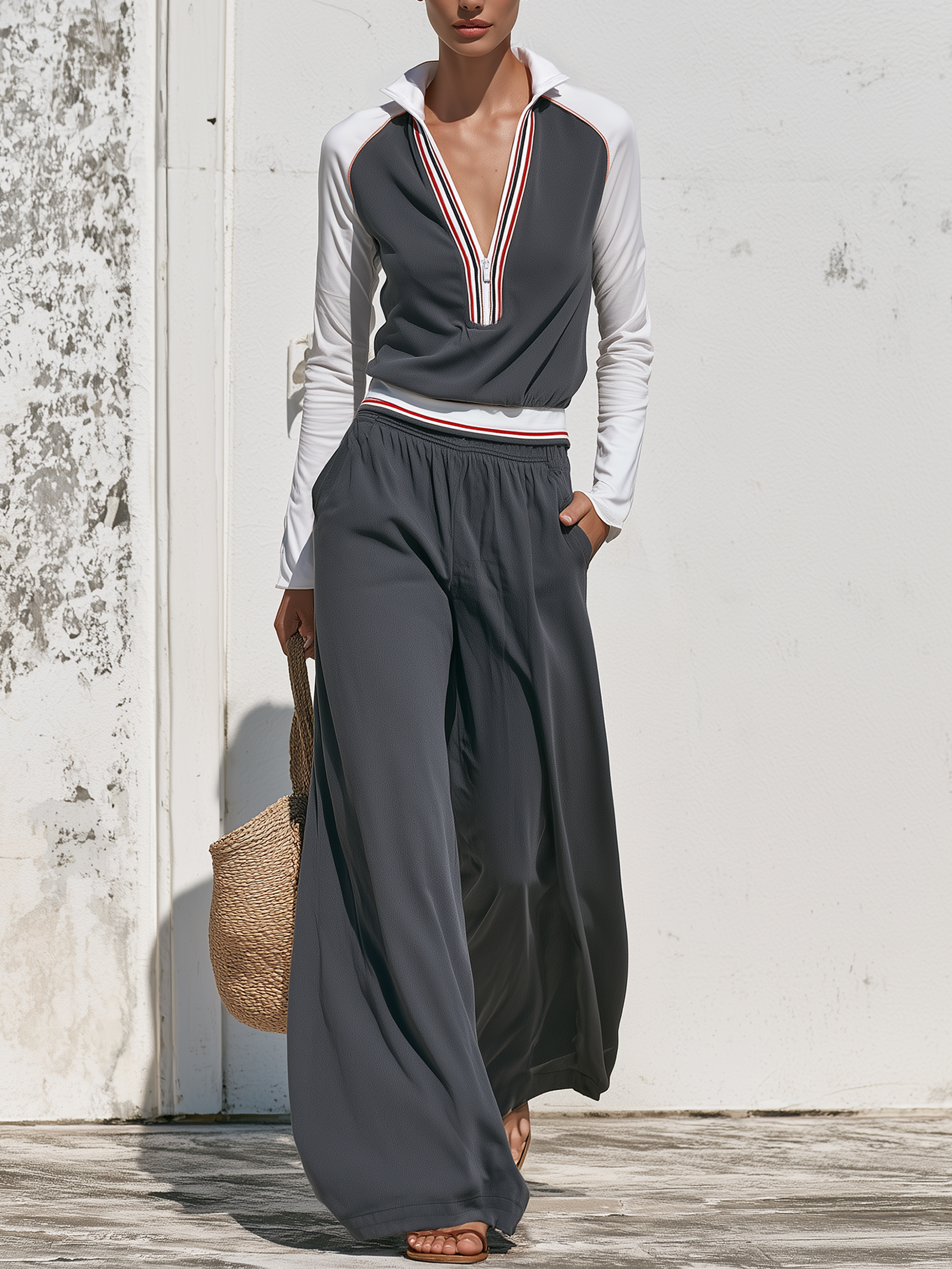 Color Block Half Zip Long Sleeve Top & Elastic Waist Wide Leg Pants Two Piece Set