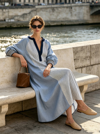 Blue Mixed Stripe Notch Collar Raglan Sleeve Maxi Dress