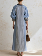 Blue Mixed Stripe Notch Collar Raglan Sleeve Maxi Dress