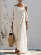 Asymmetric Cold Shoulder Button Detail Linen Maxi Dress