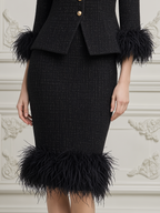 Black Fall Fashion Feather Trim Peplum Jacket & Pencil Skirt Suit Set