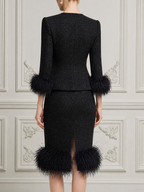 Black Fall Fashion Feather Trim Peplum Jacket & Pencil Skirt Suit Set