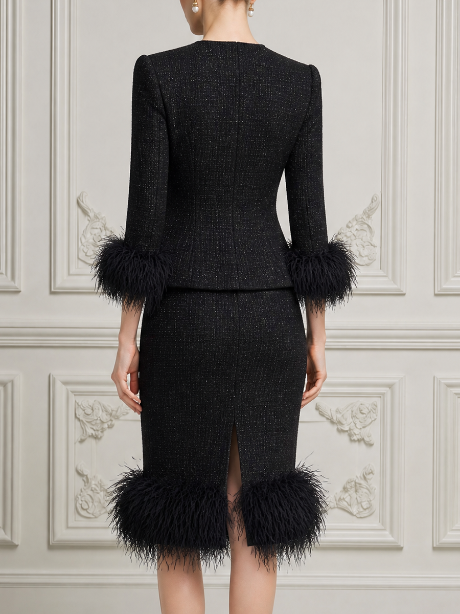 Black Fall Fashion Feather Trim Peplum Jacket & Pencil Skirt Suit Set