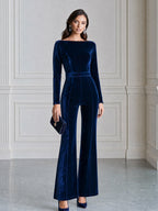 Velvet Long Sleeve Boat Neck Flare Leg Jumpsuit