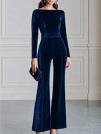 Velvet Long Sleeve Boat Neck Flare Leg Jumpsuit