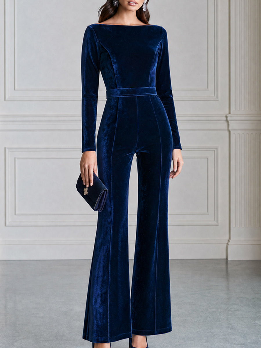 Velvet Long Sleeve Boat Neck Flare Leg Jumpsuit