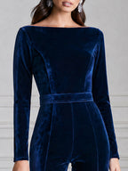 Velvet Long Sleeve Boat Neck Flare Leg Jumpsuit